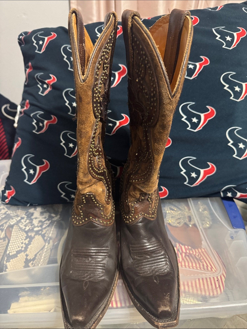 Lucchese Brown and Tan Studded Western Heeled Boots